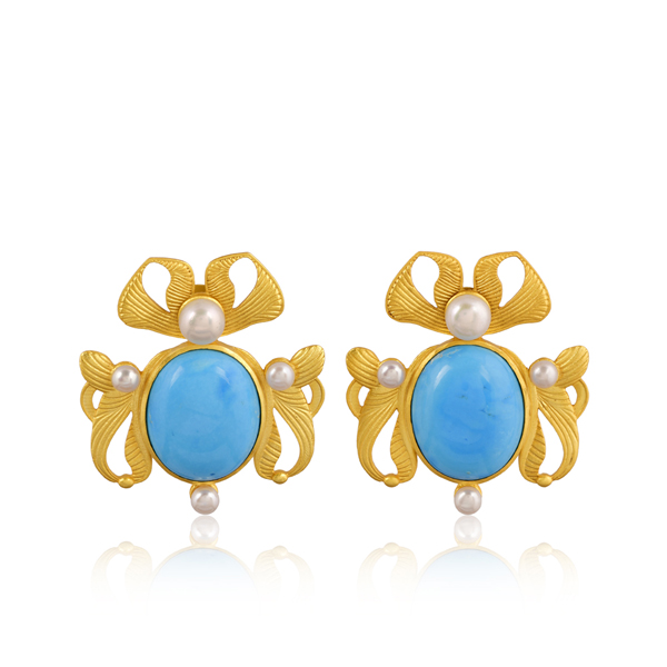 Butterfly Turquoise earrings with gold plated wings and freshwater pearls by Artita Gallery