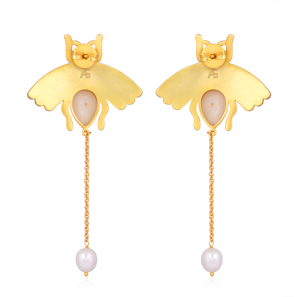 Artita Gallery Bee Blessed honey bee earrings with fresh water cultured pearls in 18K gold-plated brass.
